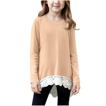 zbxnLI Girls Long Sleeve Blouses Lace Hem Casual Crew Neck Loose T-Shirt Fall Winter Shirt for Girls