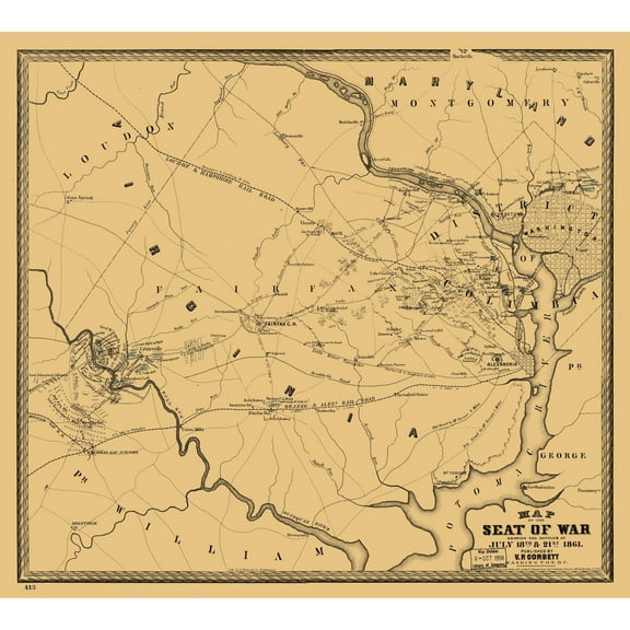 Historical Civil War Map - Virginia Theatre - Corbett 1861 - 25.59 x 23 - Vintage Wall Art