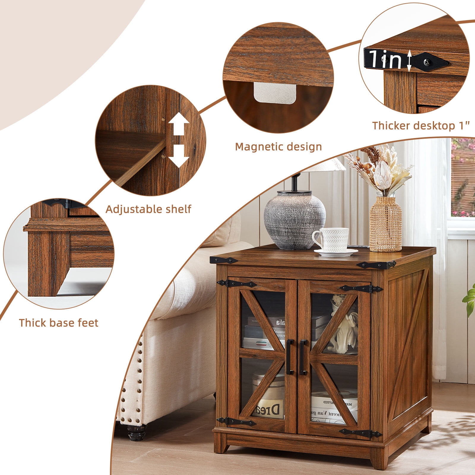 Joaxswe 24" Farmhouse End Tables for Living Room with Charging Station, Nightstand for Bedroom with Drawer, Square Bedside Table for Living, Brown