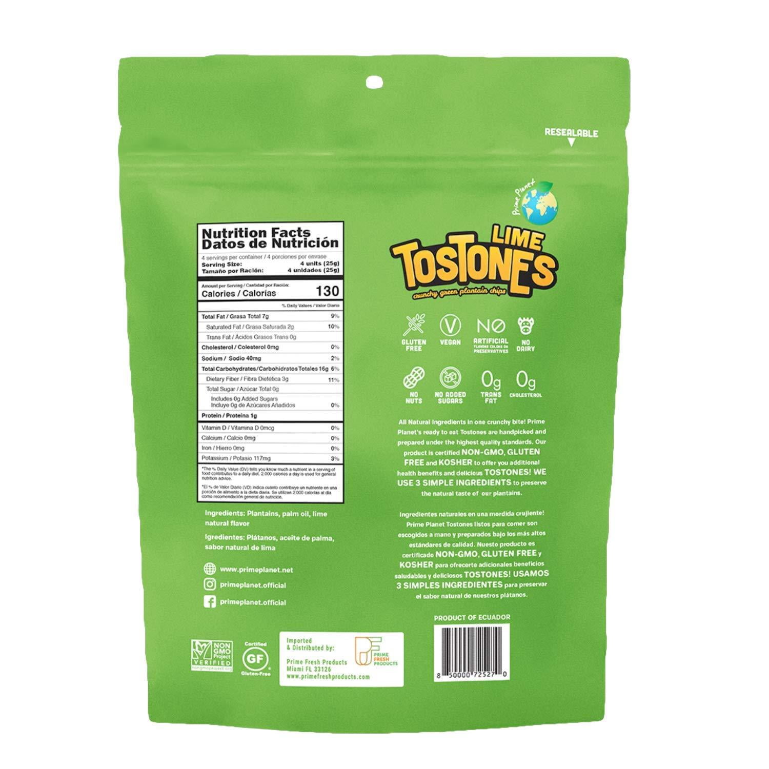 Prime Planet Plantain Chips - Lime Flavored Tostones / Patacones - 3.53 Oz per Unit - 8 Pack