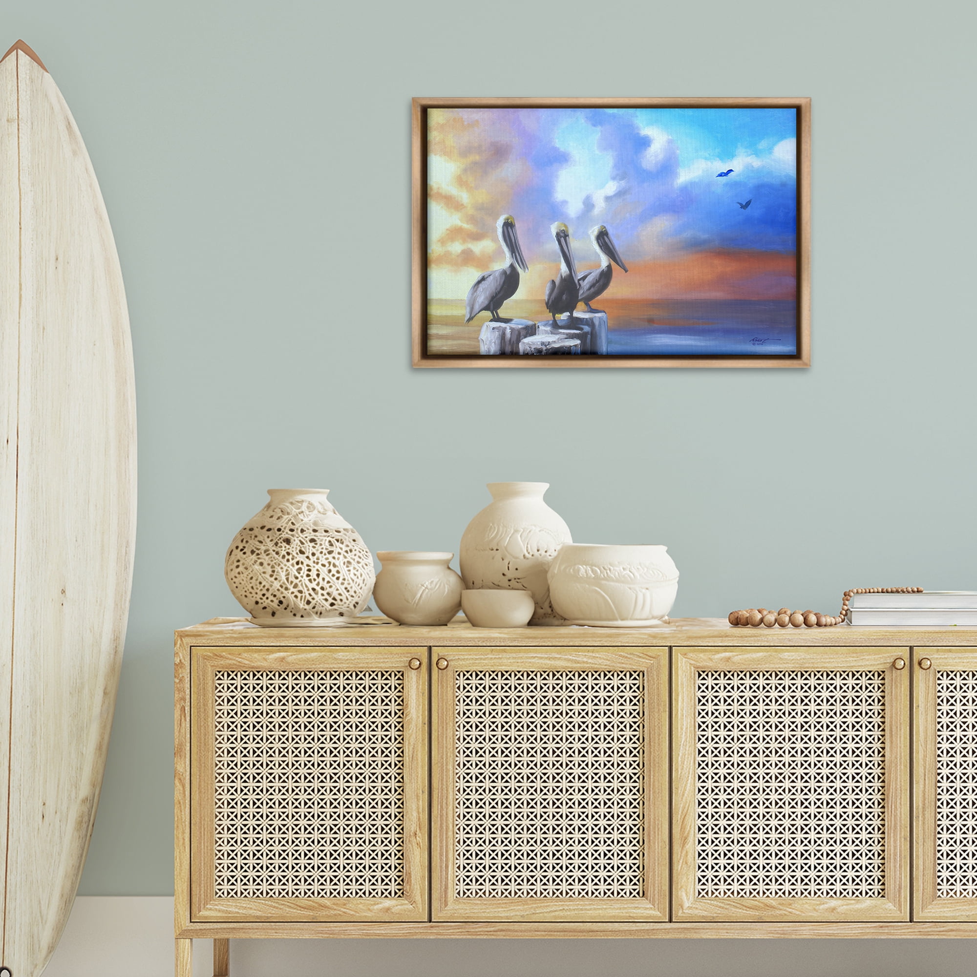 Stupell Industries Vivid Pelican Trio Landscape Painting Brown Floater Framed Canvas Art Print Wall Art, 31 x 21