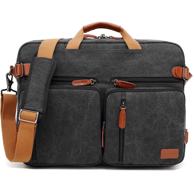 CoolBELL 15.6-Inch Convertible Backpack Messenger Shoulder Bag Laptop Case in Canvas Black. This multi-functional bag features a durable Oxford cloth exterior with genuine leather accents and a waterproof polyester lining. It includes multiple carrying styles: backpack, shoulder bag, and messenger bag, with hidden straps for a sleek look. The bag has four exterior pockets, a spacious main compartment, and a padded laptop compartment that fits laptops up to 15.6 inches. Ergonomic back straps, a removable shoulder strap, and a wide luggage belt enhance comfort and convenience. Dimensions: 16.5 x 4.7 x 12.2 inches.