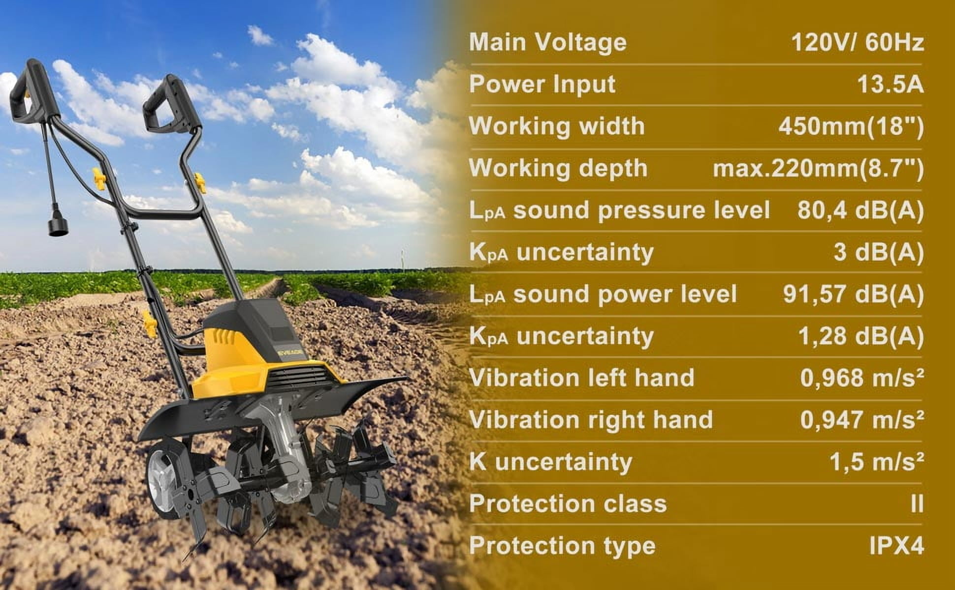EVEAGE Garden Tiller, 18Inch Electric Cultivator 13.5 Amp 120V, 8" Blade Rototiller for Lawn Digging Soil Tilling Farm Planting,Yellow