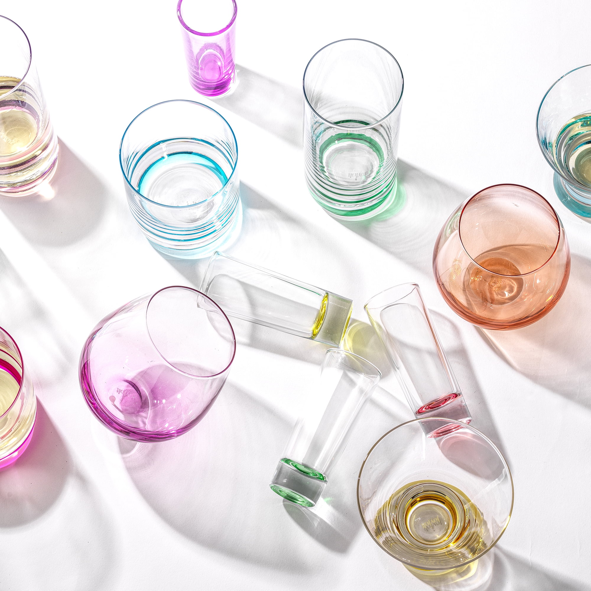 JoyJolt Hue Colored Stemless Wine Glass Set - Large 15 oz Glass Stemless Wine Glasses Set of 6