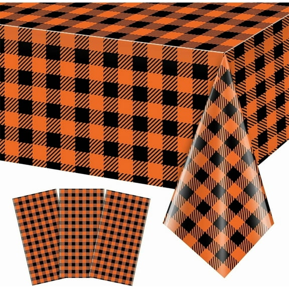 Duslogis 3 Pcs 54 x 108 Inch Orange and Black Checkered Plastic Tablecloth - Disposable Rectangle Table Cover for Dining, Birthday, Halloween, Thanksgiving, Autumn Fall Themed Decor