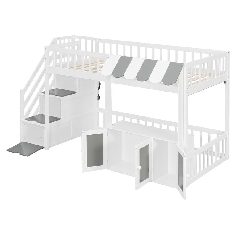 Twin Size Playhouse Kids Loft Bed with Eaves Design, Wood Child Bed Frame with Storage Staircase, LED Light & Under Bed Cabinets
