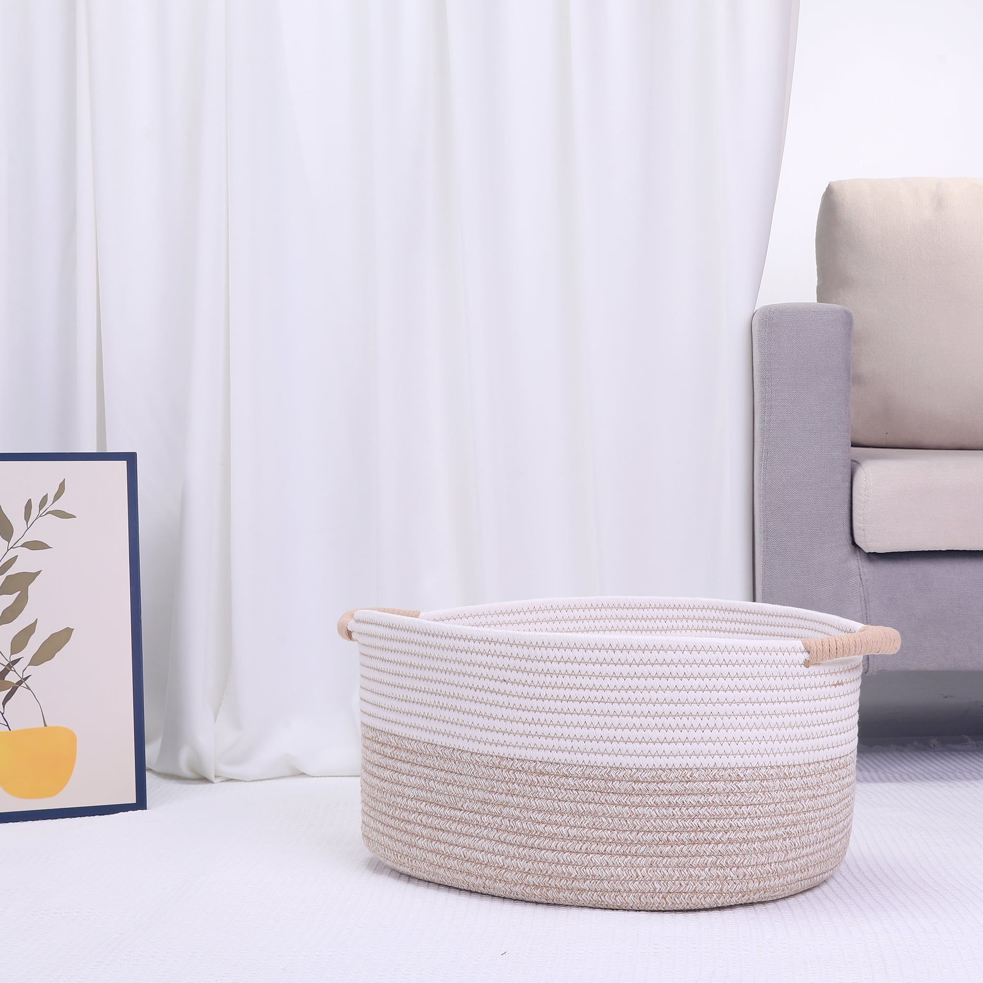 Unique Bargains Woven Storage Basket Bin with Handles White/Khaki 17*12.5*8.5in