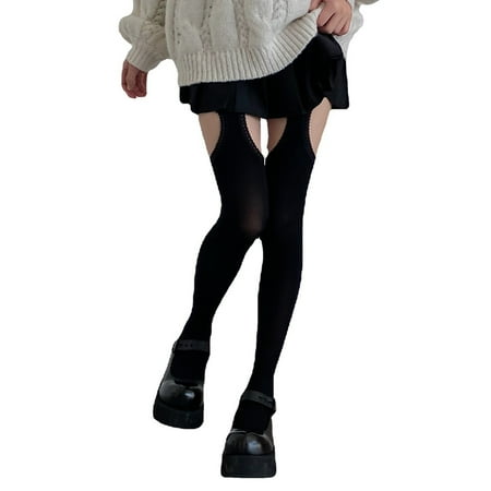 

Womens Sexy Side Cutout Holes Suspender Pantyhose Harajuku Kawaii Lolita Lace Trim Fake Garter Belt Stockings Gothic Cosplay Tights