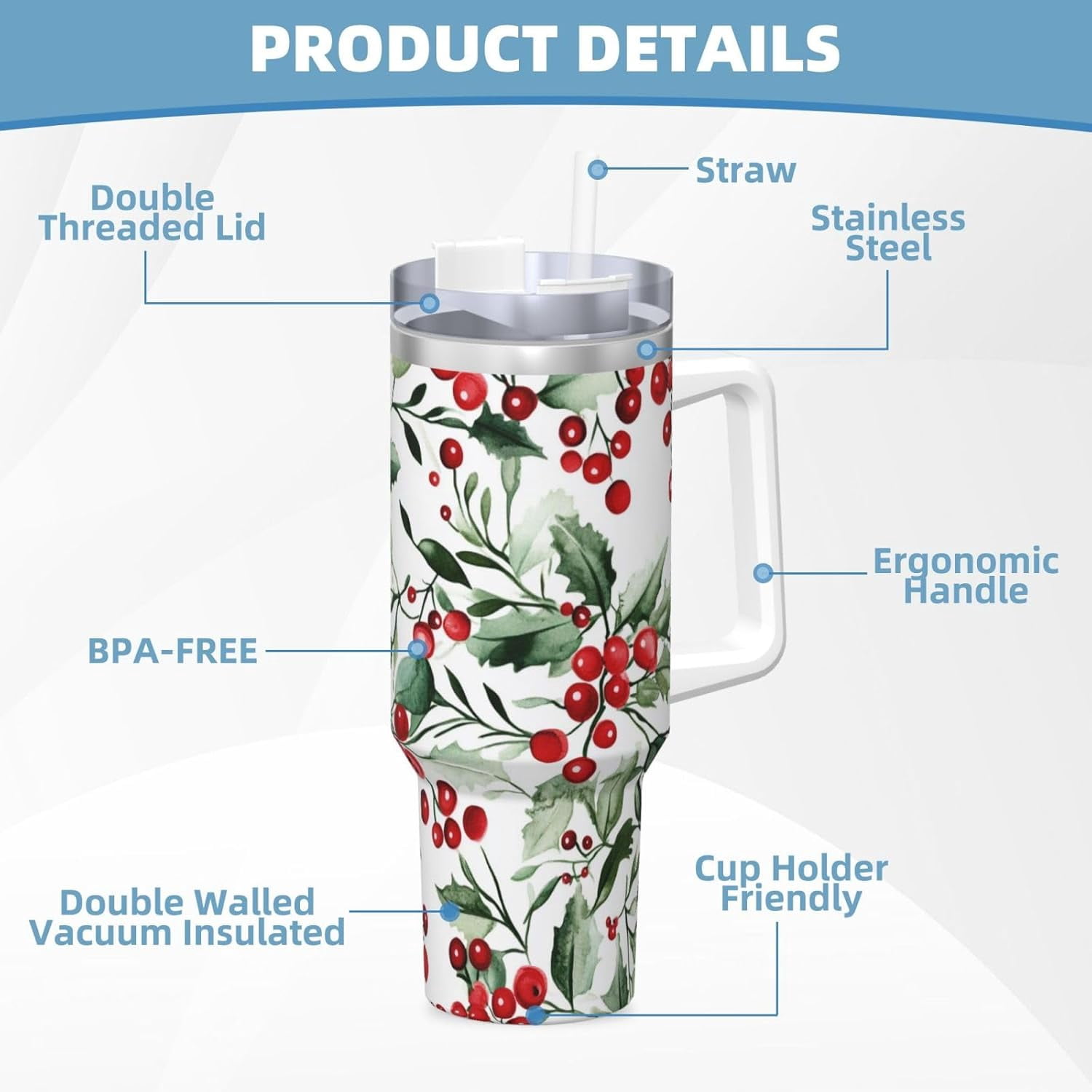 Christmas Holly 40 Oz (1200 ml) Insulated Coffee Tumbler with Handle and Straw Lid, Reusable Stainless Steel Travel Mug Cup for Women Men Party Birthday Gifts