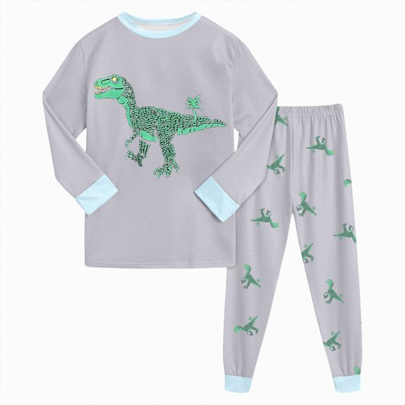 CAUYDYLittle Boy Comy Pajama Set Cotton Dinosaur Print Sleepwear Long Sleeve Top Pants Set Pjs(L101-Mint Green,7-8 Y)