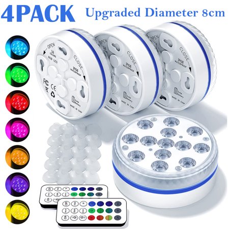 4Pack Newest Pool Light Led Submersible Upgraded IP68 Waterproof Inground Pool Light Underwater with Remote RF(200ft)  4 Magnets 4 Suction Cups 13 Extra Bright LEDs  16 RGB Dynamic Color Diameter 8cm