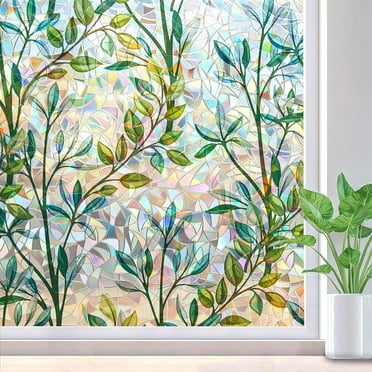 Window Film Privacy Covering, 3D Glue-Free Stained Glass Window Clings, Static Glass Sticker for Home, Green Leaves, 17.5 In x 6.5 Ft (45 x 200cm)