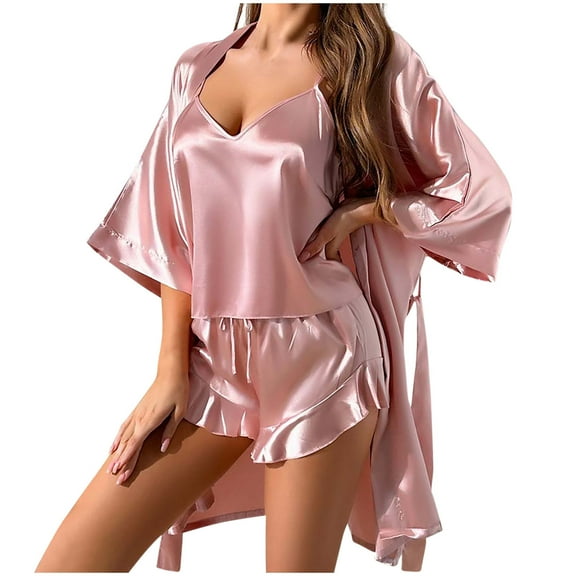 Fnooota Women's Sleepwear Robes Sets, Short Sleeve 3 Piece Comfy Loose Fit Loungewear Set Pink Size L