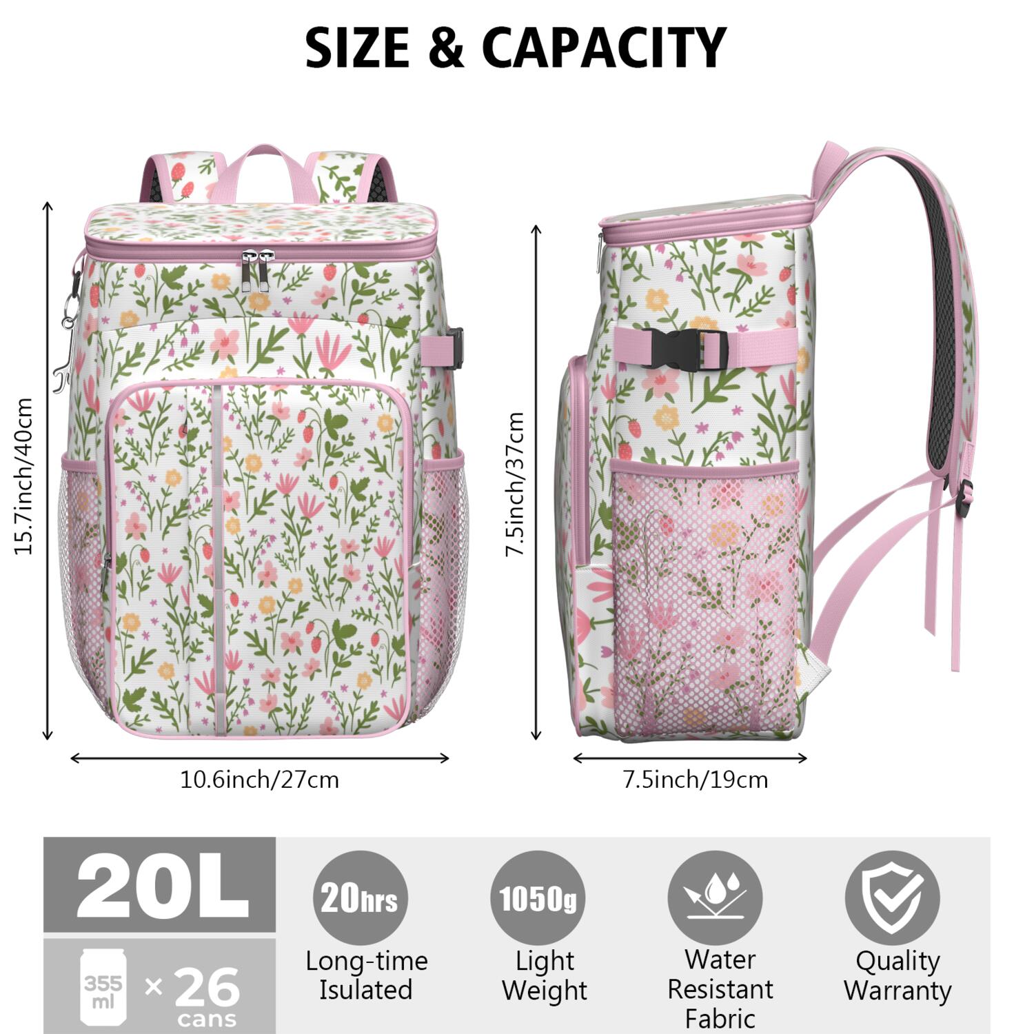 Travel Cooler Bag - Pioneer Flower Floral Print Pattern Camping Beer Cooler Backpack with Bottle Opener- Waterproof Insulated Picnic Backpacks - Cooler Bag for Beach