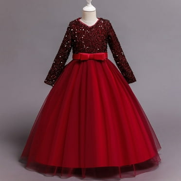 Girl Red Dress with Sleeves and Rhinestone for wedding, pageant, graduation, Birthday ages 12-13 years old
