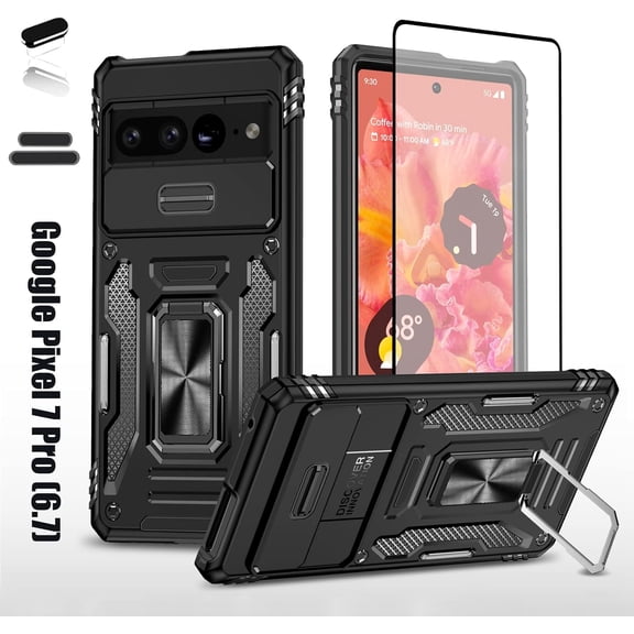 Heavy Duty Case for Google Pixel 7 Pro, Military Grade Dual Layer Hybrid Cushioning Rubber Bumper Protector with Slide Camera Protector, Built-in 360 Degree Swivel Stand -Black