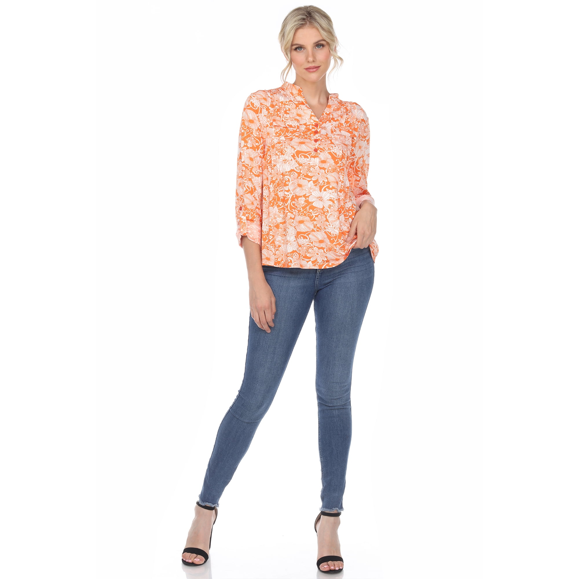 White Mark Women's Pleated 3/4 Sleeve Floral Print Blouse