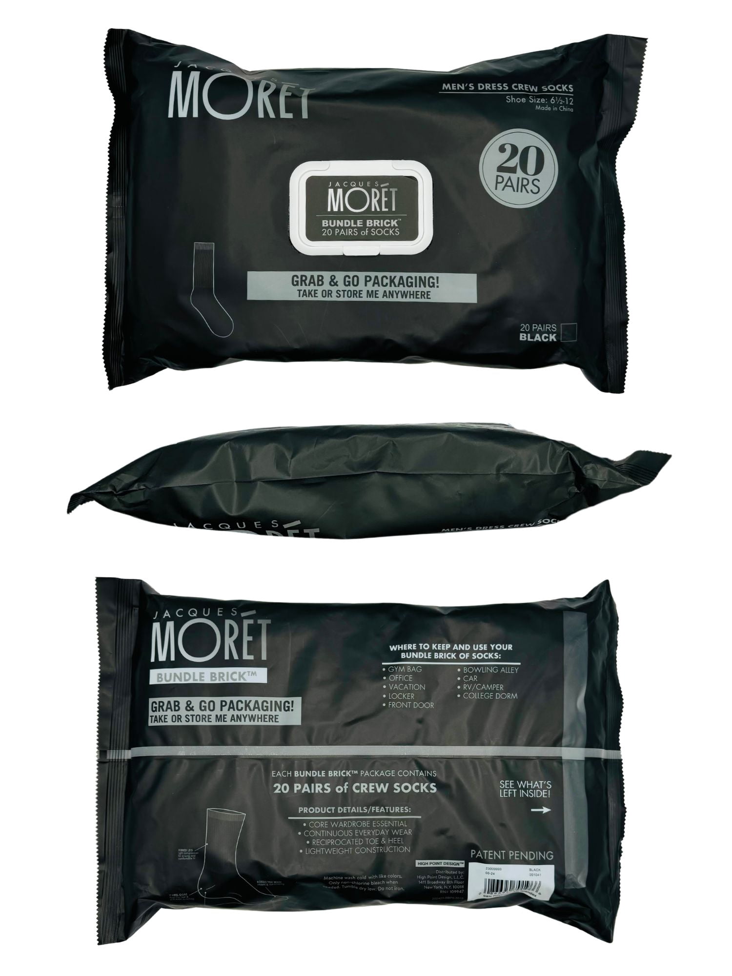 Jacques Moret Men's Black Dress Crew Socks, 20-Pack, Sizes 6.5-12