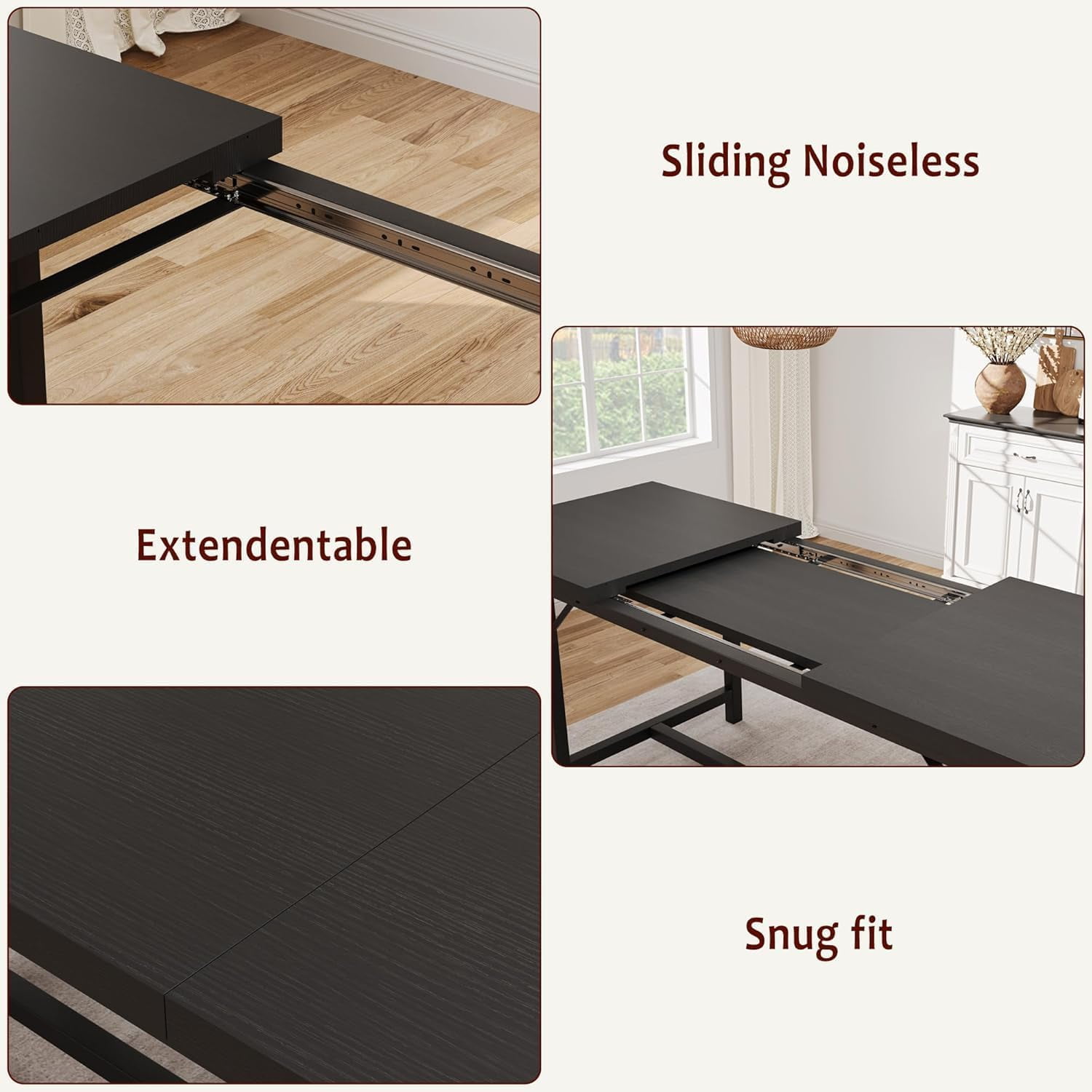 Extendable Dining Table for 4-6 Person,Wooden Dining Room Table,Modern 63" Extendable Table with 2 Upholstered Benches for Gatherings,Meeting for Small Kitchens Dining Office Areas
