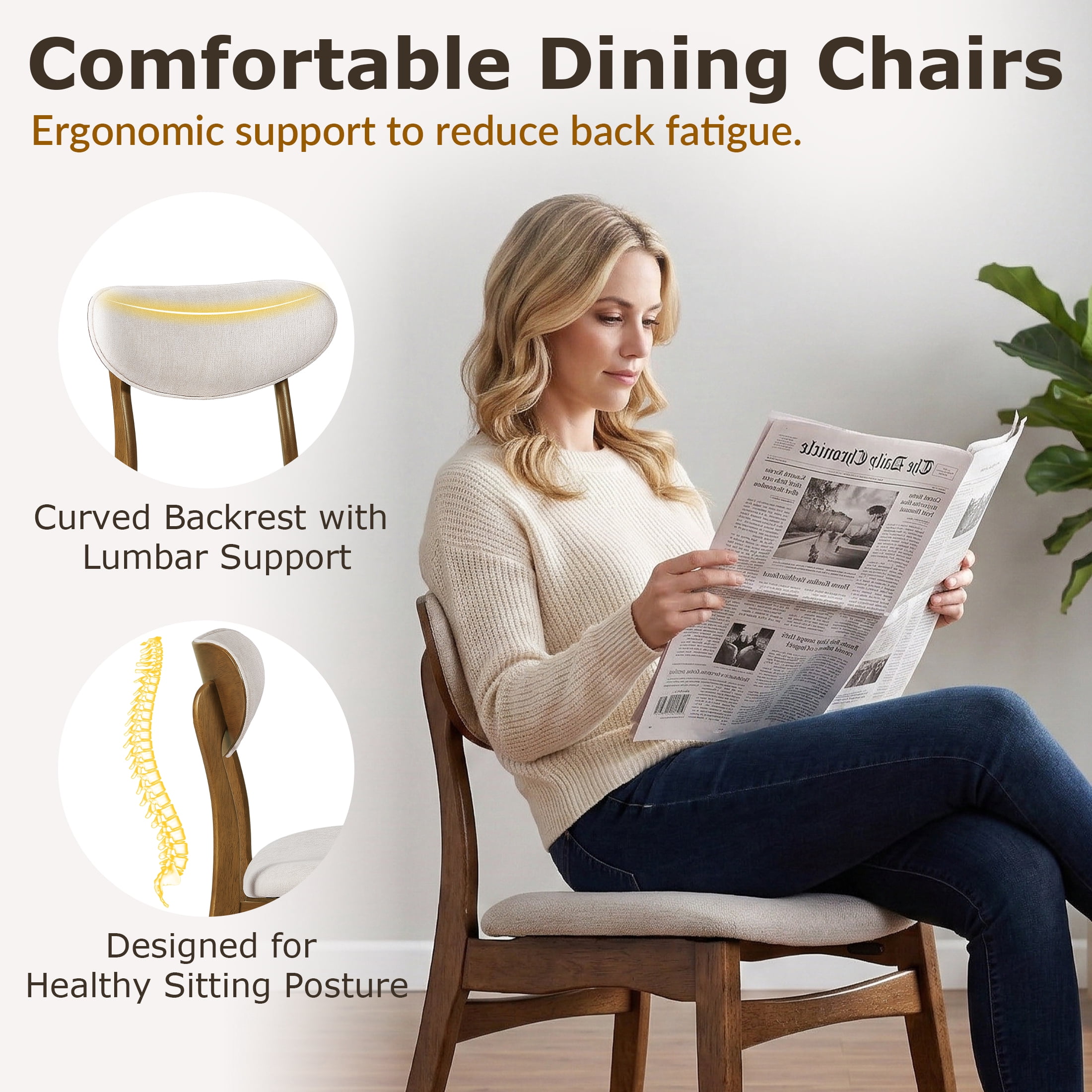 Prilinex Farmhouse Dining Chairs Set of 8, Mid Century Modern Fabric Upholstered Kitchen Chairs, Wooden Dining Room Chair with Curved Back for Kitchen Dining Room Restaurant Cafe, Beige