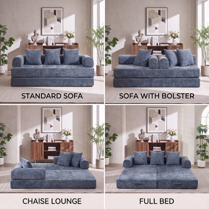 Gewnee 79 Boneless Sofa, Convertible Sofa Bed, Futon Floor Sleeper Sofa Bed with Pillows for Living Room Bedroom, No Assembly Required, Chenille, Blue