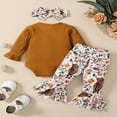 thumbnail image 3 of PENGXIANG Newborn Baby Girls 3pcs Fall Winter Outfits Set Infant Ribbed Romper Tops Flared Pants Headband Suit 0-3 Months, 3 of 8
