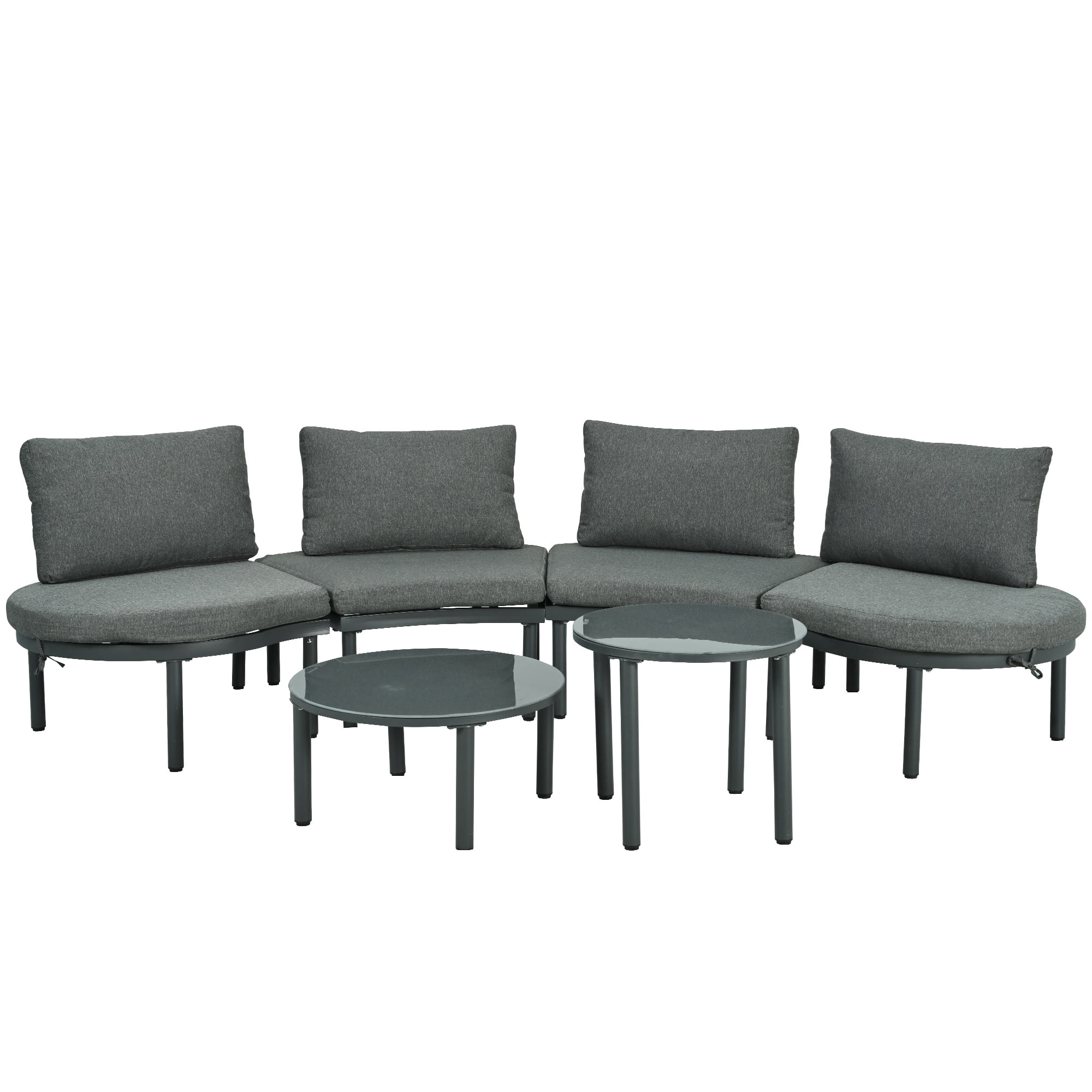 Upgrade Patio Furniture Set, Seizeen 6-Piece Half-Moon Patio Sofa Set, Modular Outdoor Sectional with 2 Round High-Low Coffee Tables, PE Wicker & Aluminum Frame, Tempered Glass Top, Cushions & Pillow