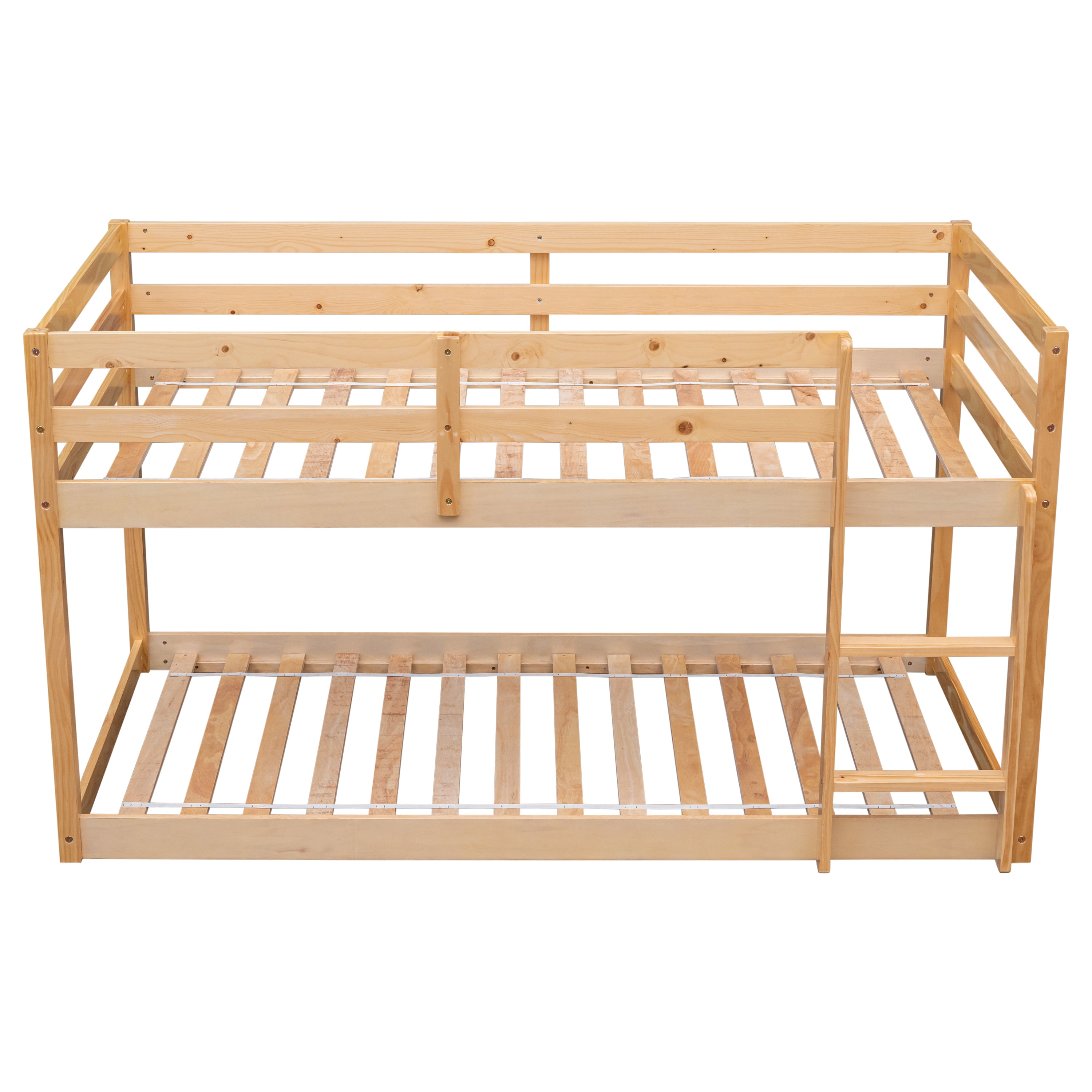 PORKISS Bunk Bed Twin Over Twin, Low Floor Bunk Bed for Kids with Guard Rails for Dorm, Small Space, No Box Spring Needed, Natural