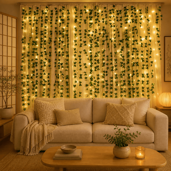 200 LED Warm White Ivy Vine Curtain Lights, 6.5 ft x 6.5 ft Coverage
