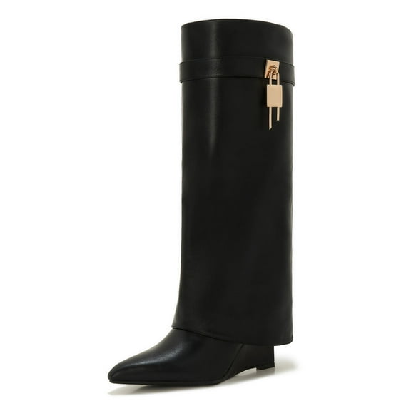 Women's Shark Boots – Fold-Over Knee-High Faux Leather Boots with Side Zipper, Lock Buckle and Wedge Heel Winter Style