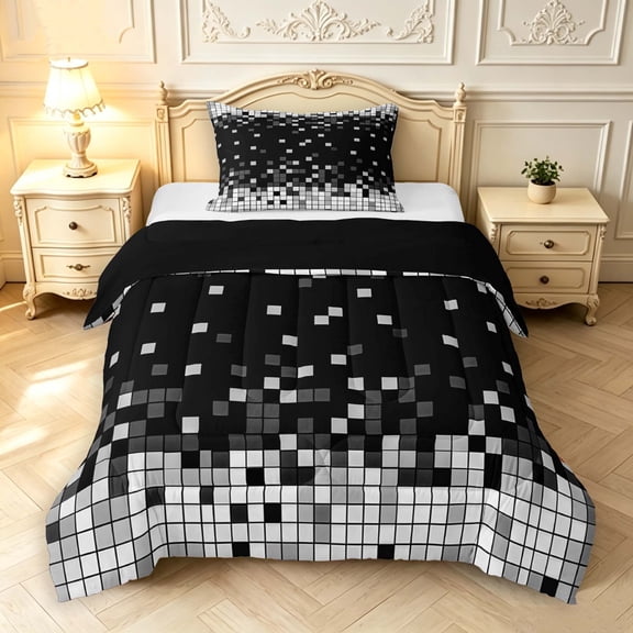 Manfei Geometric Check Twin Comforter Sets,Retro Pixel Bedding Set,Black White Gray,Black Reversible,2-Piece,1 Comforter and 1 Pillowcase,2-Piece,1 Comforter and 1 Pillowcase