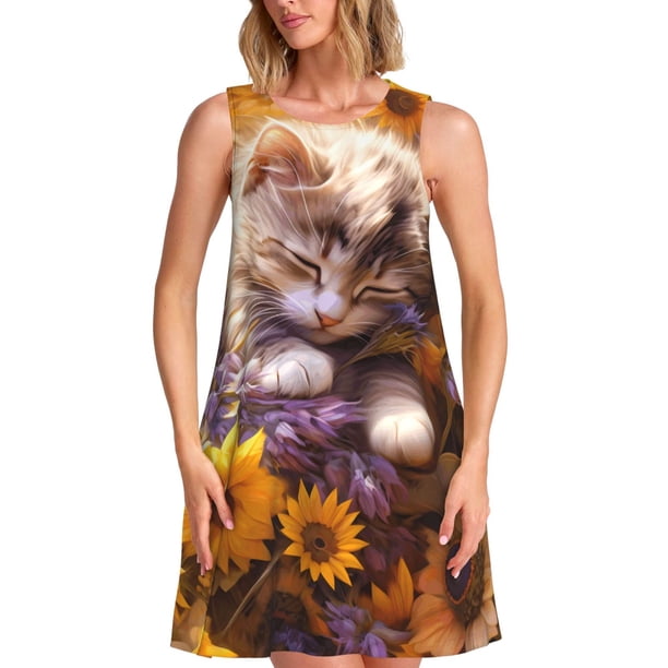 Fotbe Cute Cat Sunflower Vestido de Verano sin Mangas para Mujer – Vestido Midi Línea A, Estilo Camiseta Floral, Vestido Playero Casual y Fluido