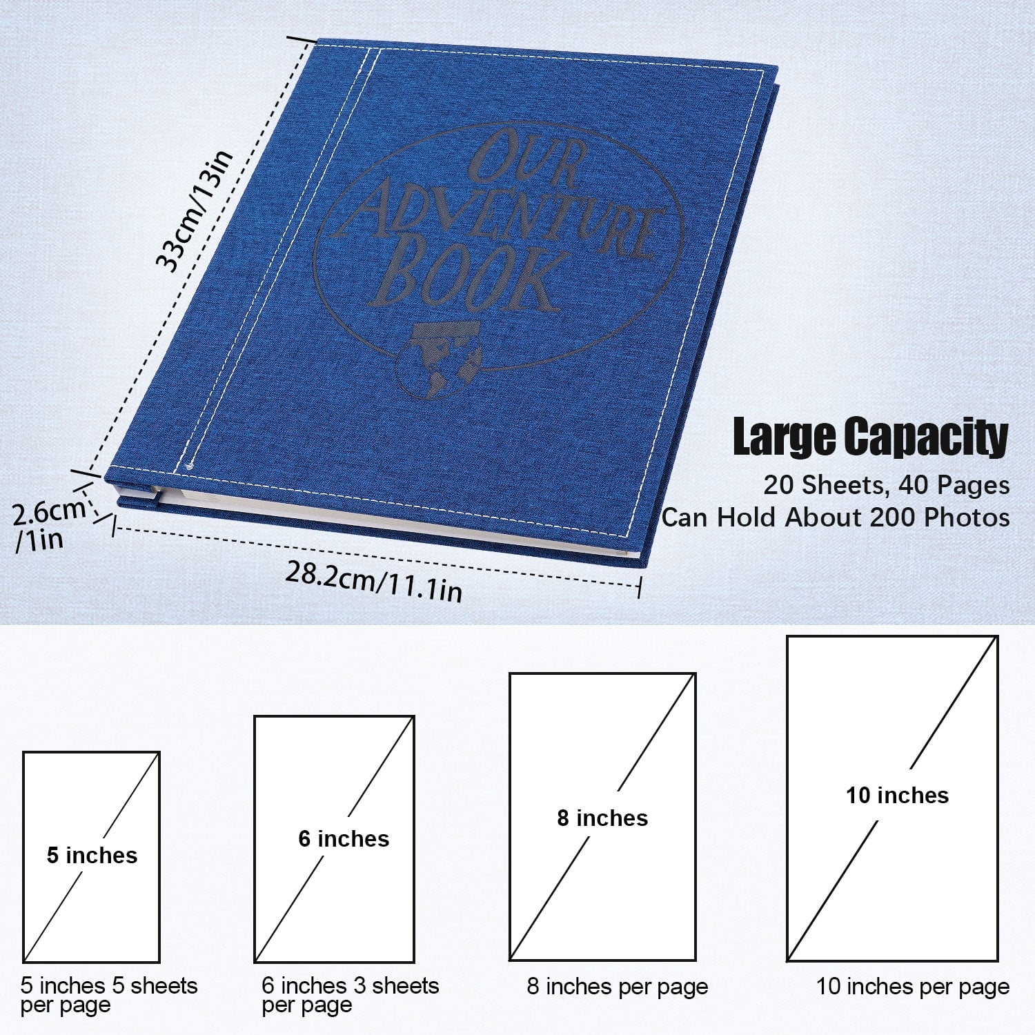 TJT Photo Album for 3x5 4x6 5x7 8x10 Pictures, 40 Pages Large Self Adhesive Pictures Album Birthday Christmas Wedding Anniversary, Linen Blue