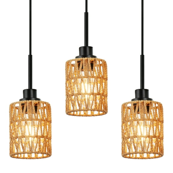 MELUCEE 3 Pack Boho Style Rattan Light Fixtures Ceiling Hanging Black Pendant Light with Hand Woven Rattan Lamp Shade