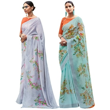 Pack of Two Saree for Women Printed Cotton Silk Indian Wedding Sari | Diwali Gift Ethnic Sarees Combo