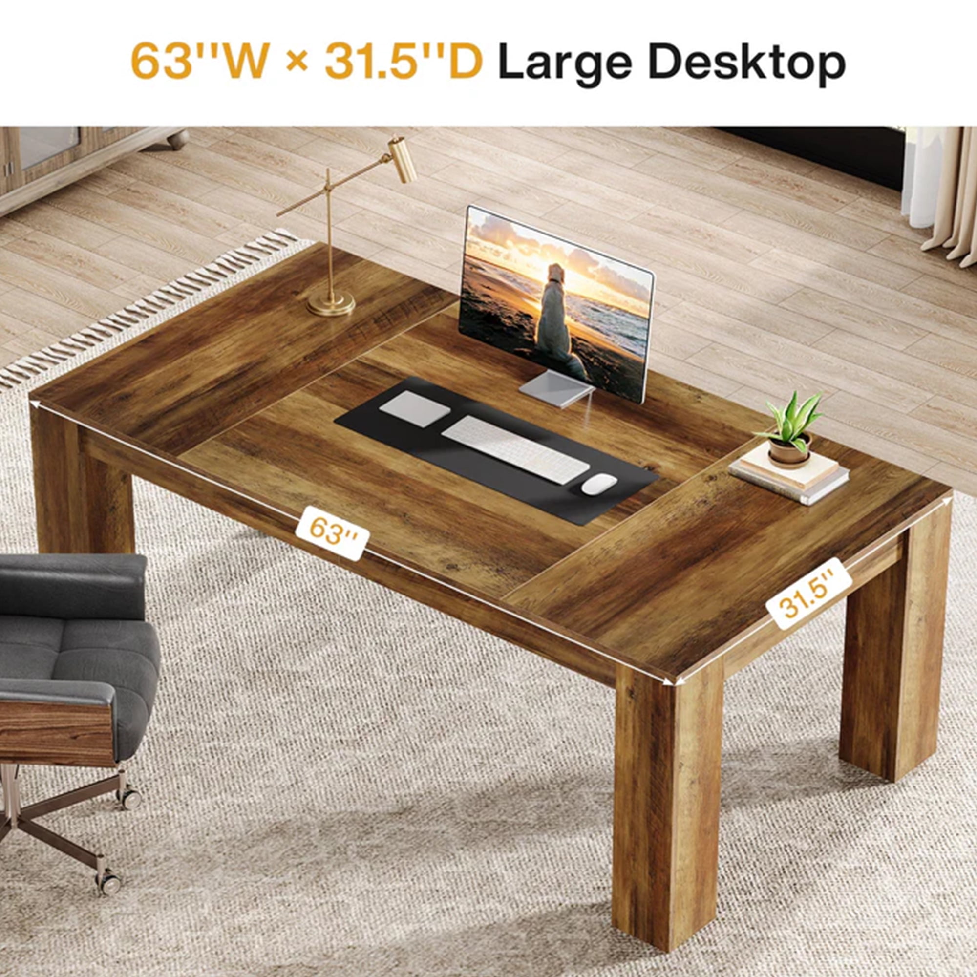 63 Inch Large Computer Desk Home Office Desk Executive Writing Desk Workstation Study Table Gaming Desk With Spacious Work Surface Sturdy Construction For Home Office Bedroom (Rustic Brown)