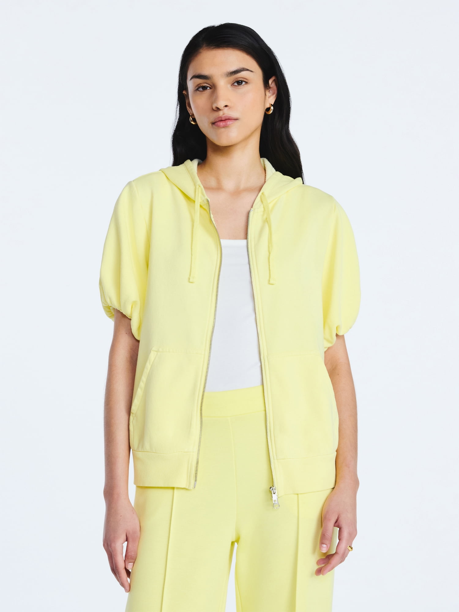 Scoop Women’s Mineral Washed Zip Hoodie with Short Puff Sleeves, Sizes XS-XXL