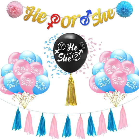 Gender Reveal Decoration Set,"Boy or Girl" "He or She" Banner,Blue Pink Balloons and Tassels,Gender Reveal Balloon Pop Ideas,36 Inch Black Gender Reveal Balloons for Revelacion De Sexo De Bebe
