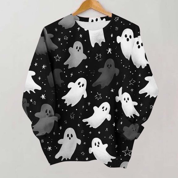 Meichang Sweatshirts for Women Trendy Halloween Ghost Graphic Sweatshirts Oversized Long Sleeve Crew Neck Pullover Holiday Party Sweatshirt