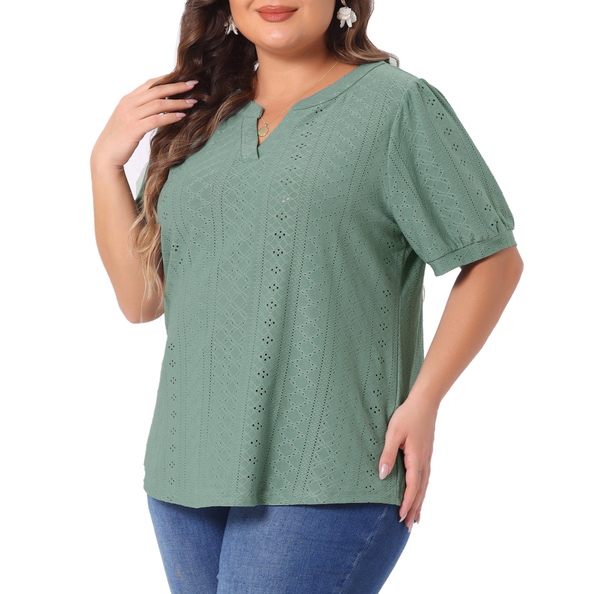 Women's Plus Tops Hollow Casual V Neck Short Sleeve Summer Blouse Shirts 5X Green