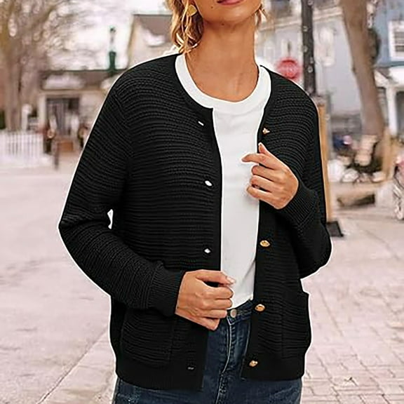 WNEGSTG Sweaters for Women Crew Neck Button Up Cardigan Short Sweater Jacket with Pockets