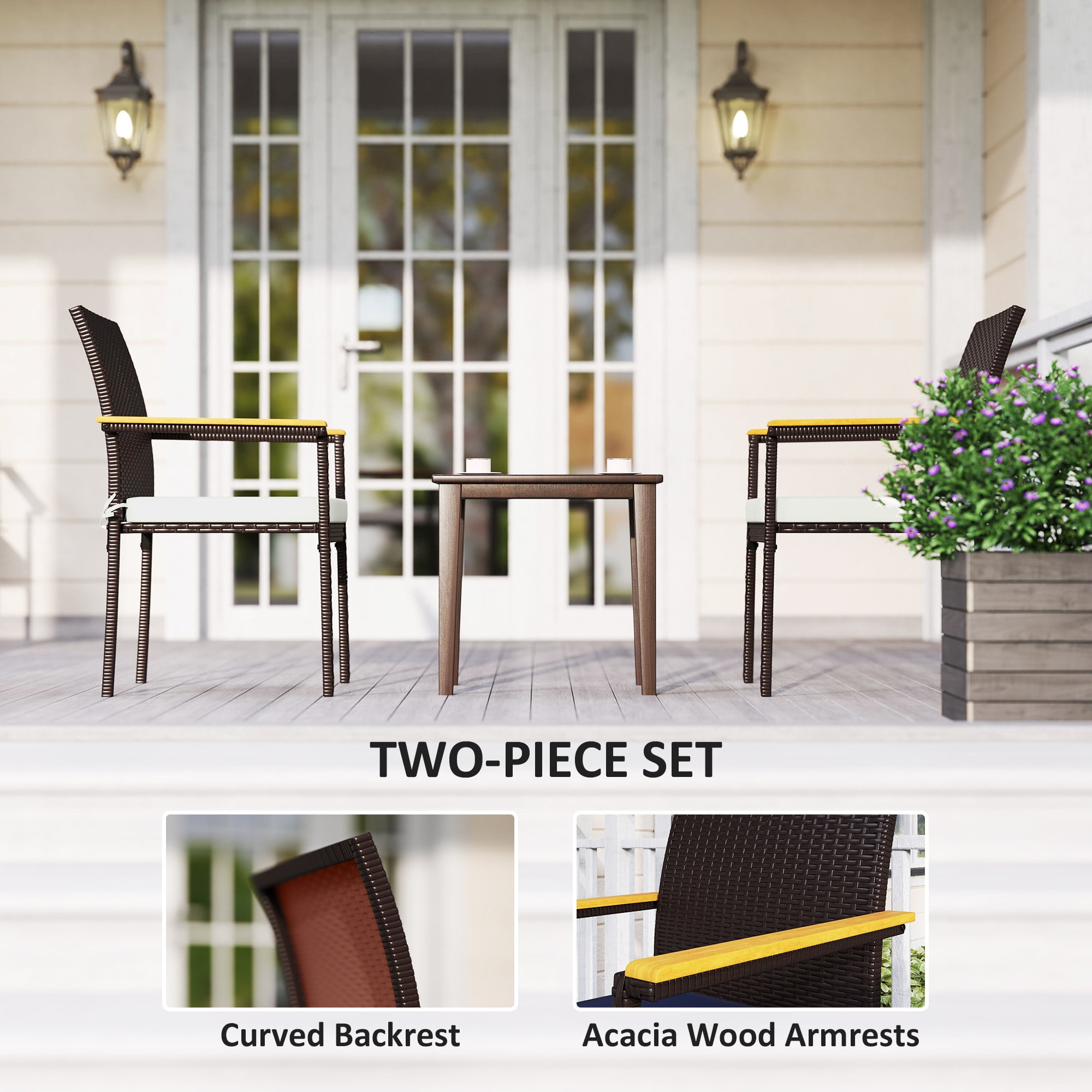 Outsunny Patio Wicker Dining Chair Set of 2, PE Rattan Outdoor Dining Chairs with Cushions, Backrest, Armrests for Deck, Garden, Cream White