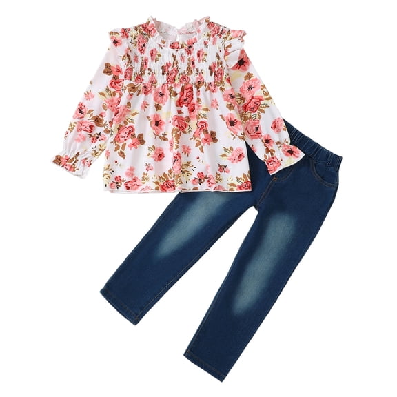 5T Baby Girls Clothes 6Y Girls 2PCS Fall Winter Denim Outfits Set Little Girls Ruffle Long Sleeve Floral Top Denim Pants Set Pink