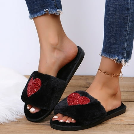 

XIAQUJ Fashion Winter Shoes Slippers Love Casual Intdoor Breathable Decorated Heart Flat Women s Women s Slipper Slippers for Women 2024 Black 7.5