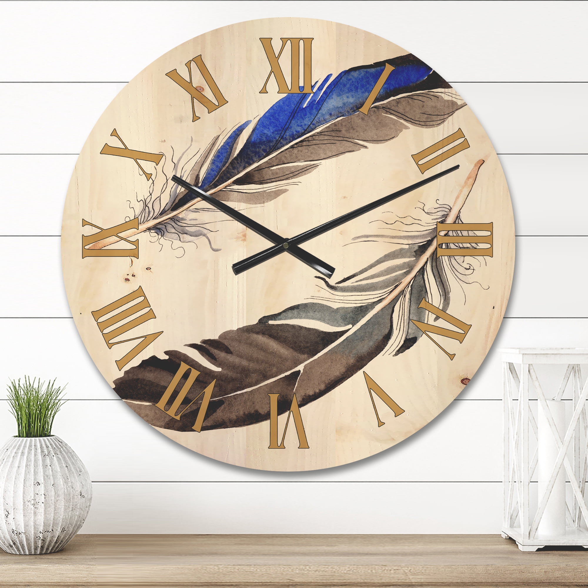 Designart 'Colourful Boho Art Feathers III' Bohemian & Eclectic Wood Wall Clock