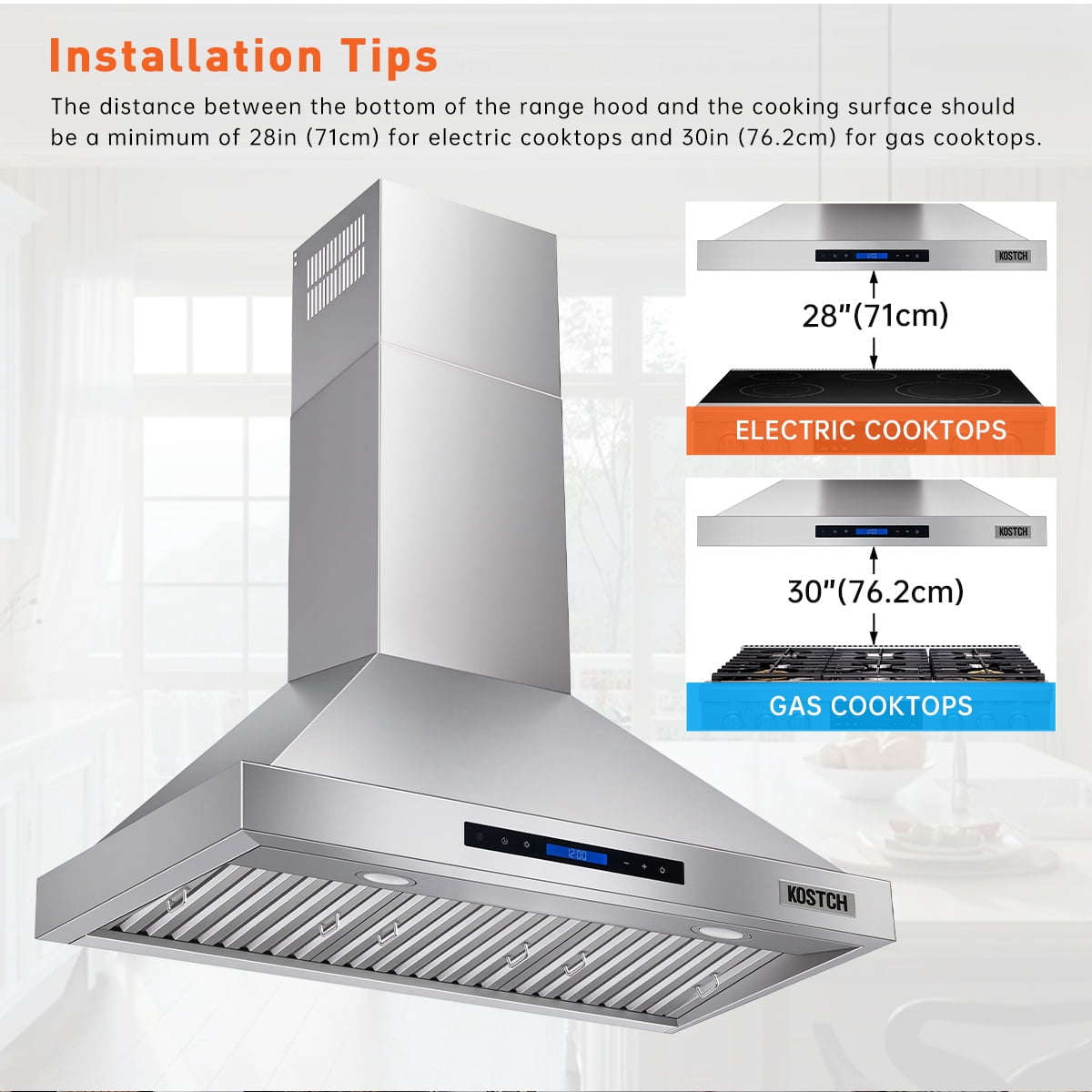 KOSTCH 36 inch Convertible Ducted Wall-Mount Range Hood, 600 CFM Kitchen Vent Hood with 3 Speed Exhaust Fan & LED Light, Kitchen Range Hood with Touchscreen Control Panel & Remote Control