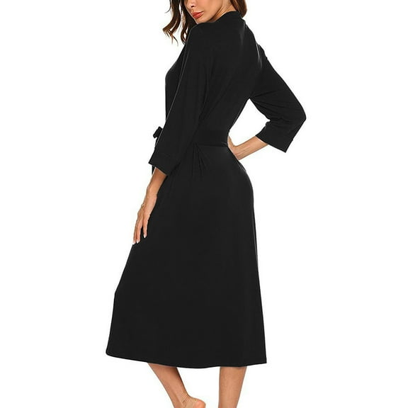 QUINDOS Robes for Women Long Wrap Chest Pajamas for Women Midi Long Sleeve Nightgowns Casual Solid Belt Slim Sleepwear Night Dress
