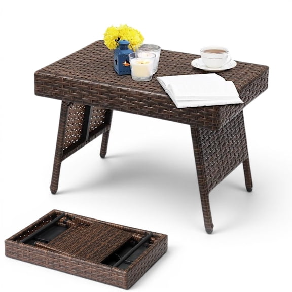 IVV Folding Rattan Side Table, 23.6x15.7in Wicker End Table w/ Steel Frame and Trapezoidal Structure, Small Coffee Table for Outdoor Patio Poolside Lawn Garden Patio, Brown