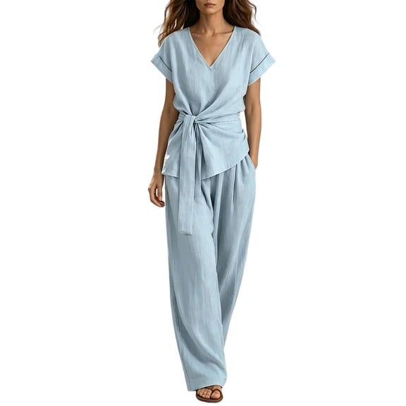 Linen Sets for Women 2 Piece Outfits Casual Half Sleeve Tops and Long Wide Leg Pants Tracksuits Lounge Set Casual Loungewear Going Out Vacation Fall Fashion Outfits