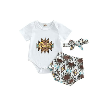 

Suanret Infant Baby Girls Boys Casual Suit Short Sleeve Letter Romper Tops + Printed Triangle Shorts + Headband Coffee 0-3 Months